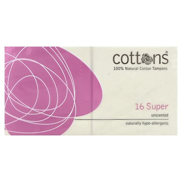 Cottons, 100% Natural Cotton Tampons, Super, Unscented, 16 Tampons