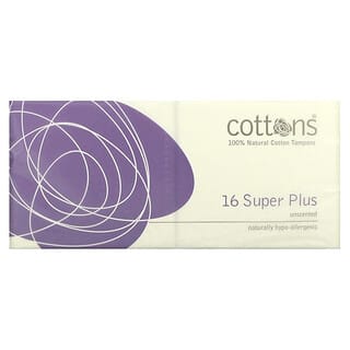 Cottons, Tampones de algodón 100 % natural, Tamaño superplus, Sin fragancia, 16 tampones