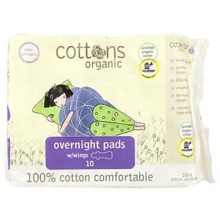 Cottons, 100% 천연 면 커버시트, 오버나이트 날개형 패드, 헤비, 패드 10개