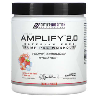 Cutler Nutrition, Amplify 2.0, Condimento previo al entrenamiento, Sin cafeína, Congelación de fresa`` 216 g (7,62 oz)