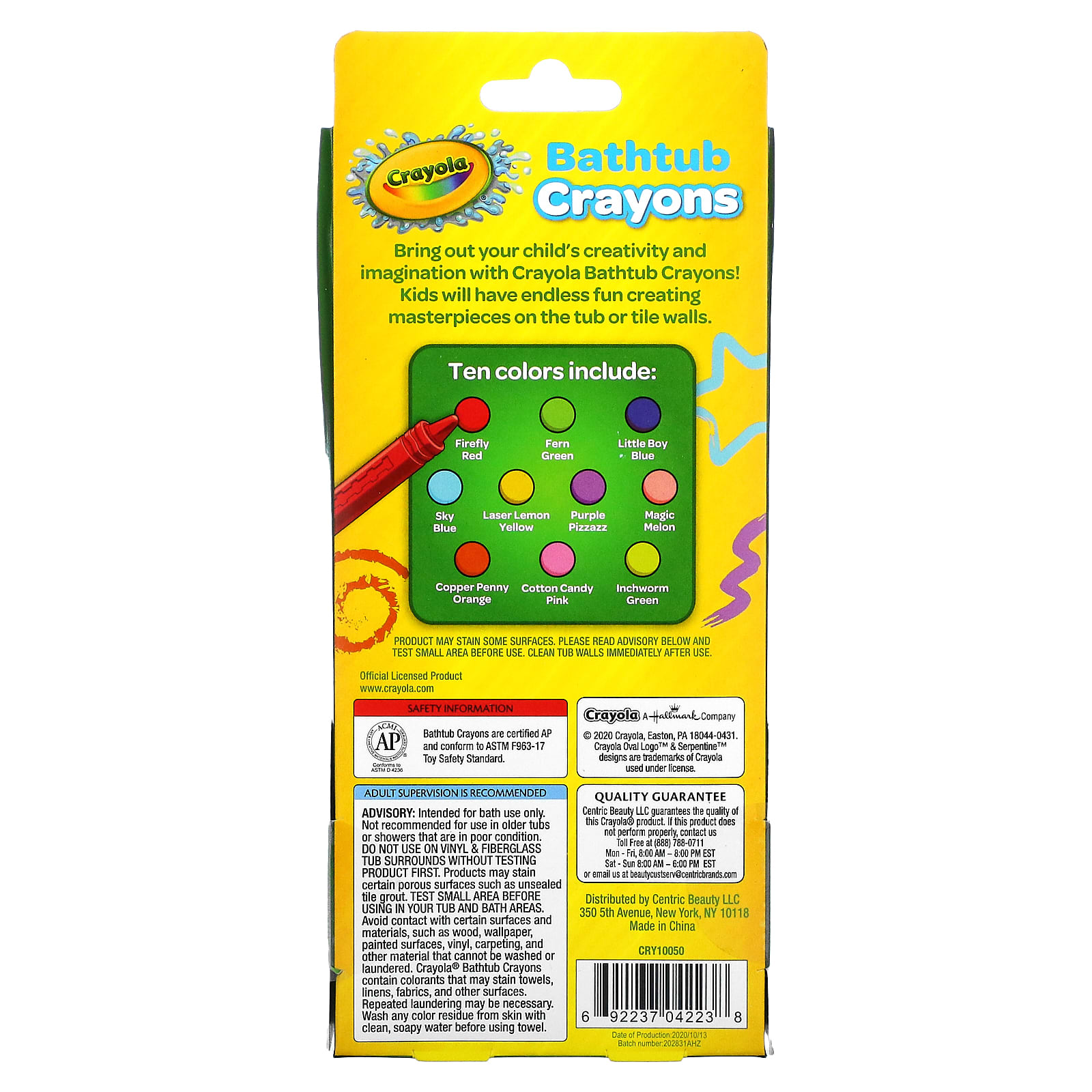 Brand New Crayola Bathtub Crayons 10 Count Assorted Colors, 