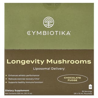 Cymbiotika, Longevity Mushrooms, Longevity Mushrooms, liposomale Abgabe, Schokoladen-Fudge, 30 Beutel, je 10 ml