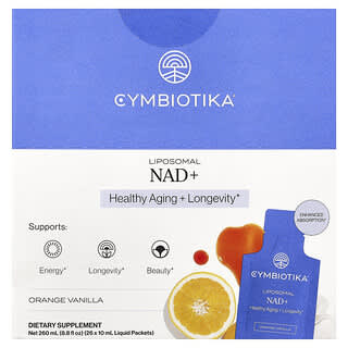 Cymbiotika, липосомальный НАД+, со вкусом апельсина и ванили, 26 пакетиков с жидкостью, 10 мл (0,34 жидк. унции)
