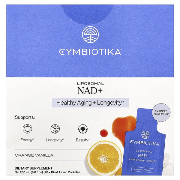 Cymbiotika, NAD+ liposomal, Naranja y vainilla, 26 sobres con contenido líquido, 10 ml (0,34 oz. líq.) cada uno