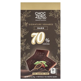 ChocZero, Quadrati esclusivi, 70% cacao, fondente, 8 quadretti confezionati singolarmente in alluminio 90 g