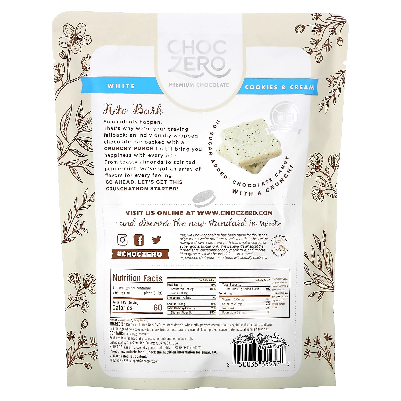 ChocZero, Keto Bark, White Chocolate, Cookies & Cream, 15 Mini Packs, 6
