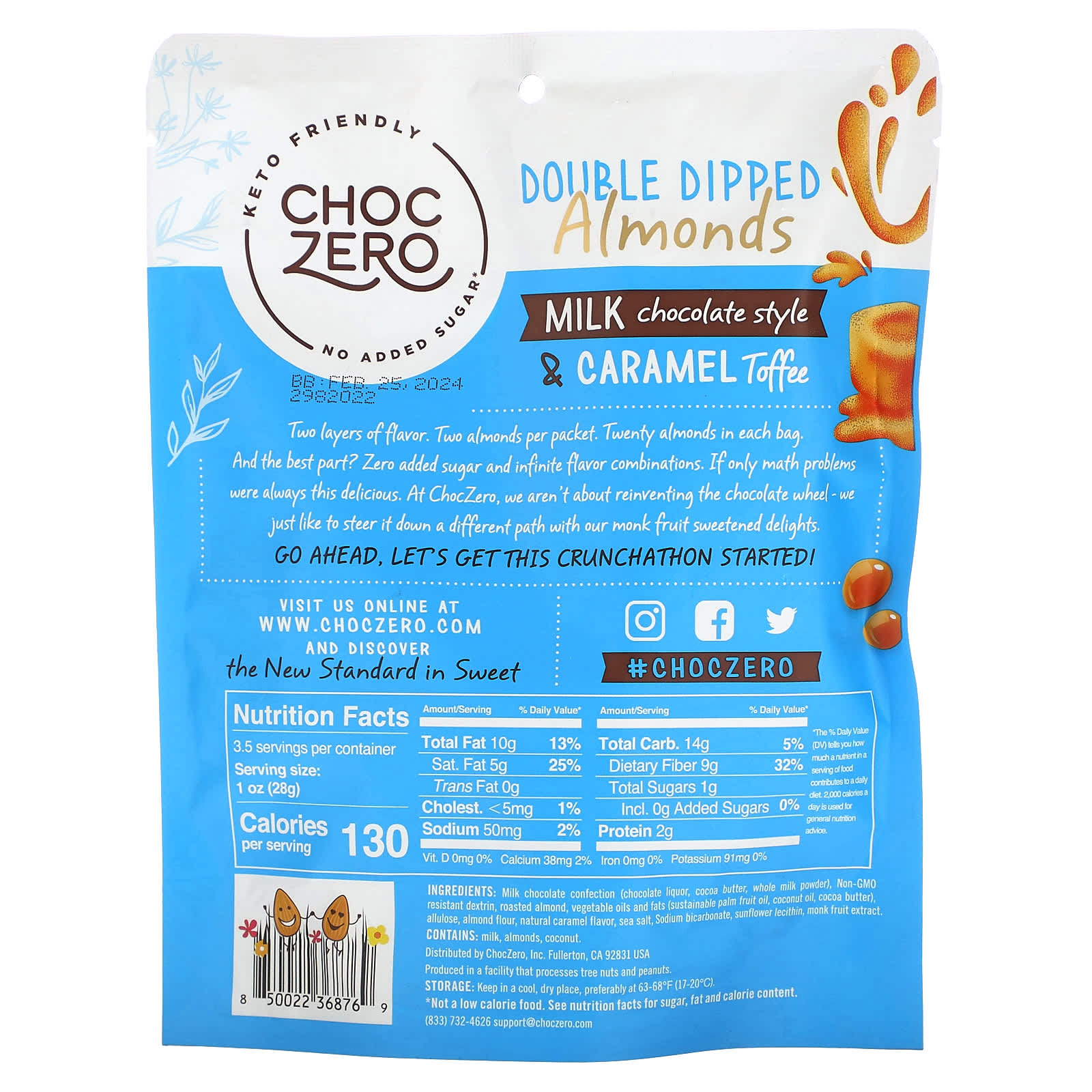 ChocZero, ダブルディップアーモンド、ミルクチョコレート＆キャラメルトフィー、100g（3.5オンス）