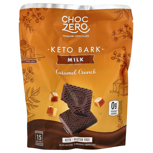 ChocZero（チョクゼロ）, Keto Bark（ケトバーク）、ミルクチョコレート、キャラメルクランチ、ミニバー15本、170g