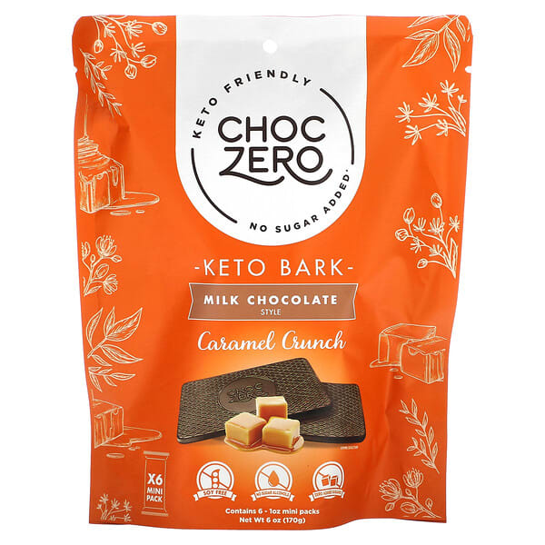 ChocZero, Keto Bark, Milk Chocolate, Caramel Crunch, 6 Bars, 1 oz Each