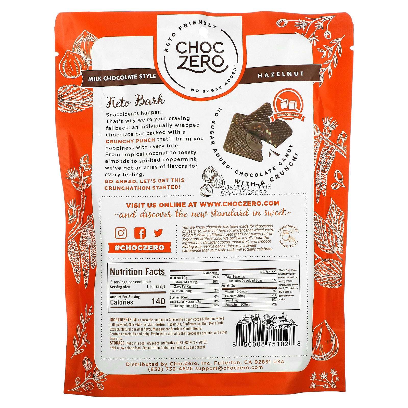 ChocZero, Keto Bark, Milk Chocolate, Hazelnuts, No Sugar Added, 6 Bars