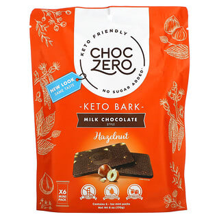 ChocZero, Keto Bark, Milk Chocolate, Hazelnuts, No Sugar Added, 6 Bars, 1 oz Each