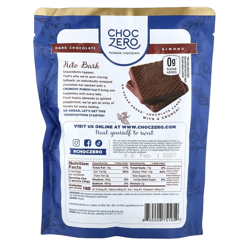 Keto Bark（ケトバーク）、ダークチョコレート、海塩入りアーモンド