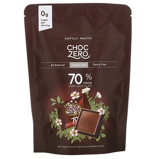 ChocZero, Cuadrados de chocolate amargo con 70 % de cacao, Sin azúcar, 10 piezas, 3,5 oz