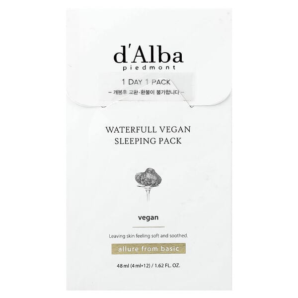 d'Alba, 워터풀 비건 슬리핑 팩, 12팩, 각 4ml(0.13fl oz)