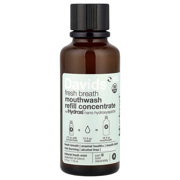 Davids, Repuesto de enjuague bucal concentrado para un aliento fresco, Menta fresca natural, 118 ml (4 oz. líq.)
