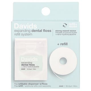 Davids Natural Toothpaste, Expanding Dental Floss Refill System + Refill, expandierendes Zahnseide-Nachfüllsystem + Nachfüllpackung, Minze, 2 Stück