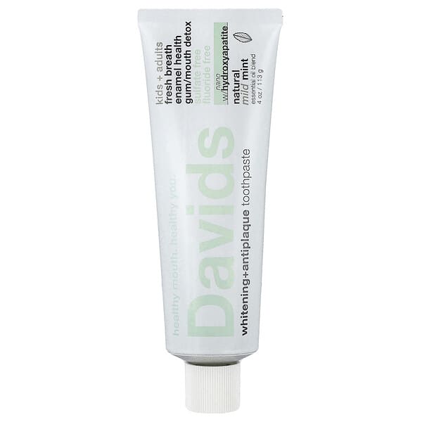 Davids, Dentifricio sbiancante per bambini e adulti + Antiplacca, Menta naturale delicata, 113 g
