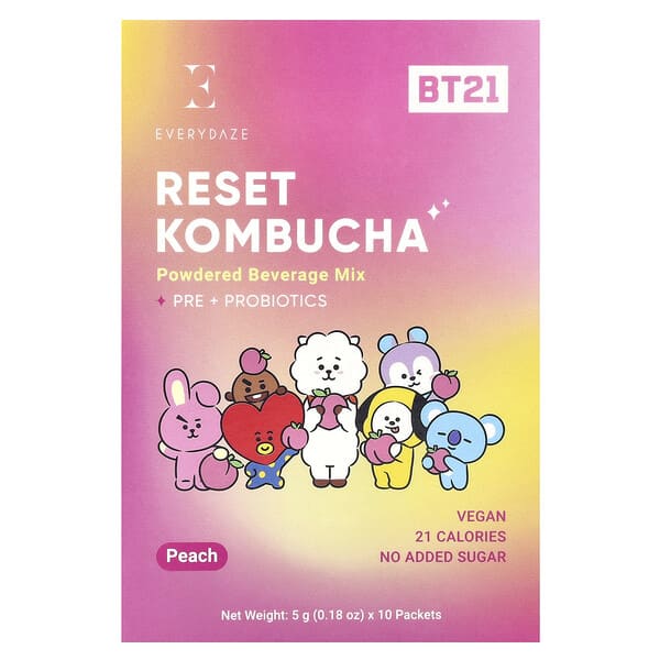 Reset Kombucha, Powdered Beverage Mix, Peach, 10 Packets, 0.18 oz (5 g) Each