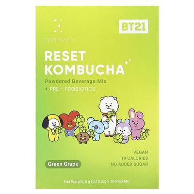Everydaze, Reset Kombucha, Energy Drink Powder Blend, Green Grape, 10 Packets, 0.18 oz (5 g) Each