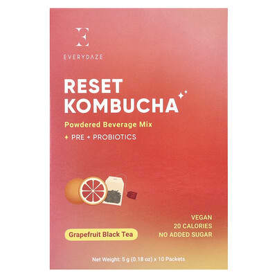 Everydaze, Reset Kombucha, Energy Drink Powder Blend, Grapefruit Black Tea, 10 Packets, 0.18 oz (5 g) Each
