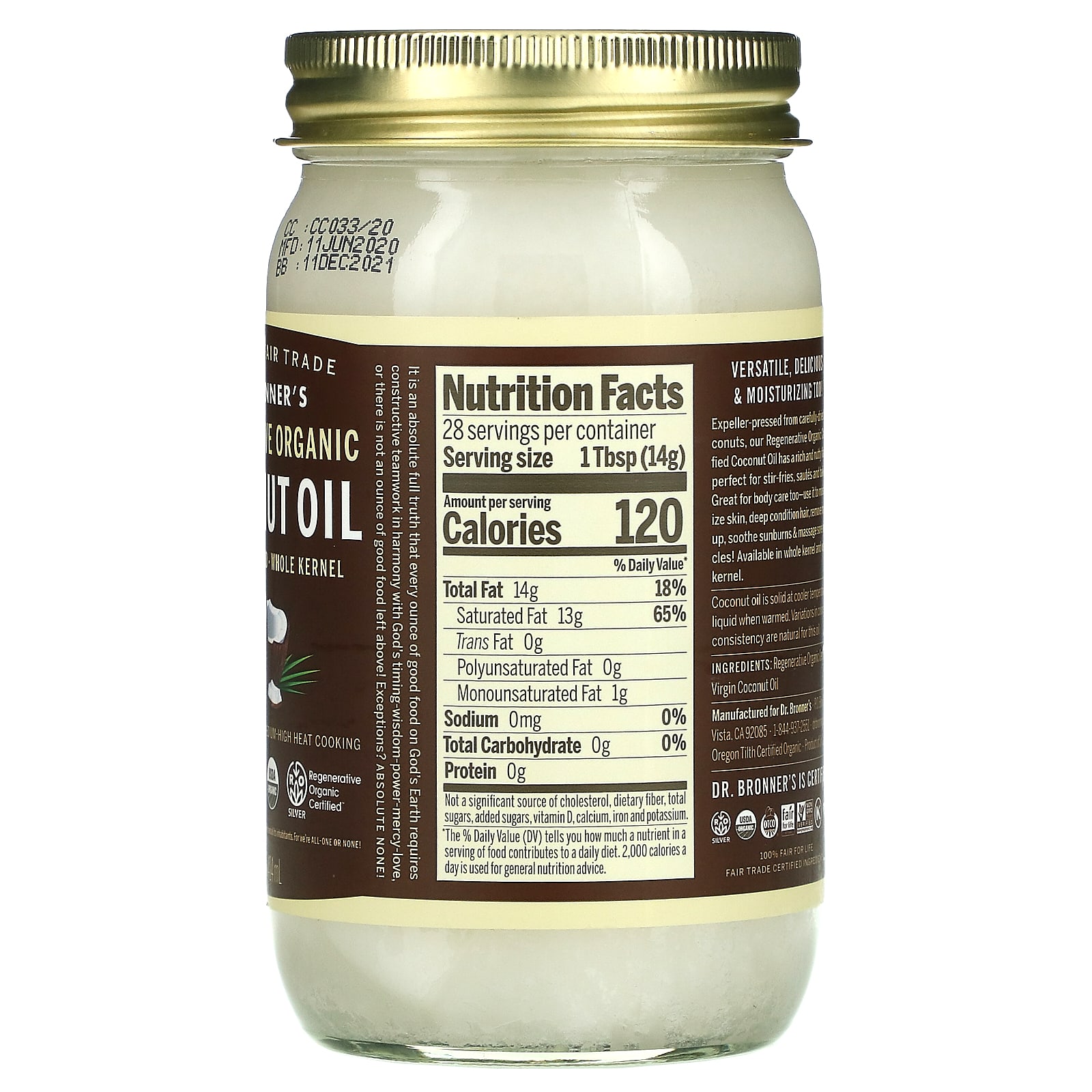 Dr. Bronner's, Regenerative Organic Coconut Oil, Whole Kernel, 14 fl oz