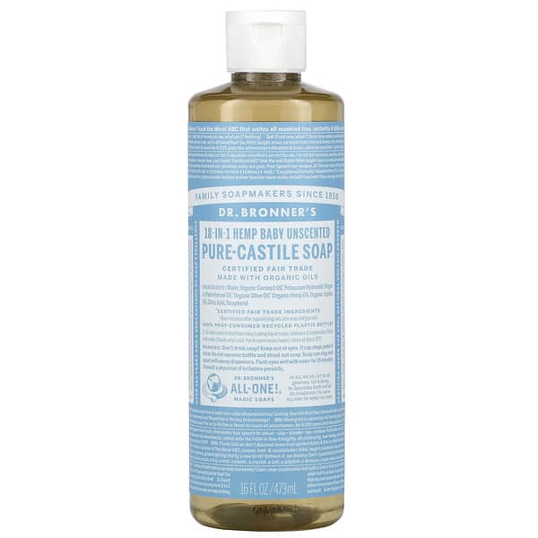 Dr. Bronner's, 18in1 Hemp PureCastile Soap, Baby Unscented, 16 fl oz