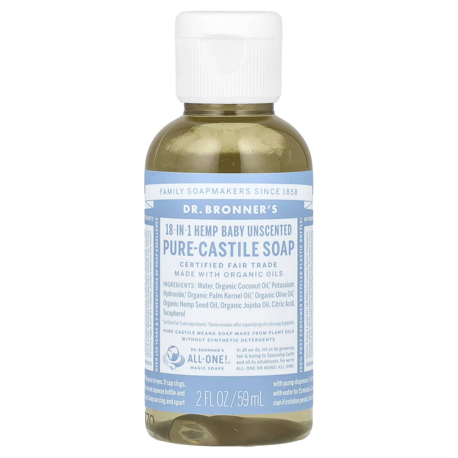 Dr. Bronner's, 18in1 Hemp Baby PureCastile Soap, Unscented , 2 fl oz