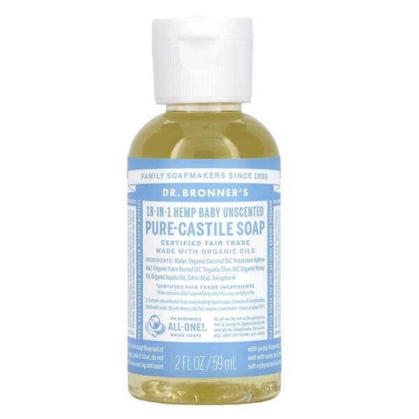 Dr. Bronner's, 18-in-1 Hemp Pure-Castile Soap, Baby Unscented , 2 fl oz ( 59 ml)