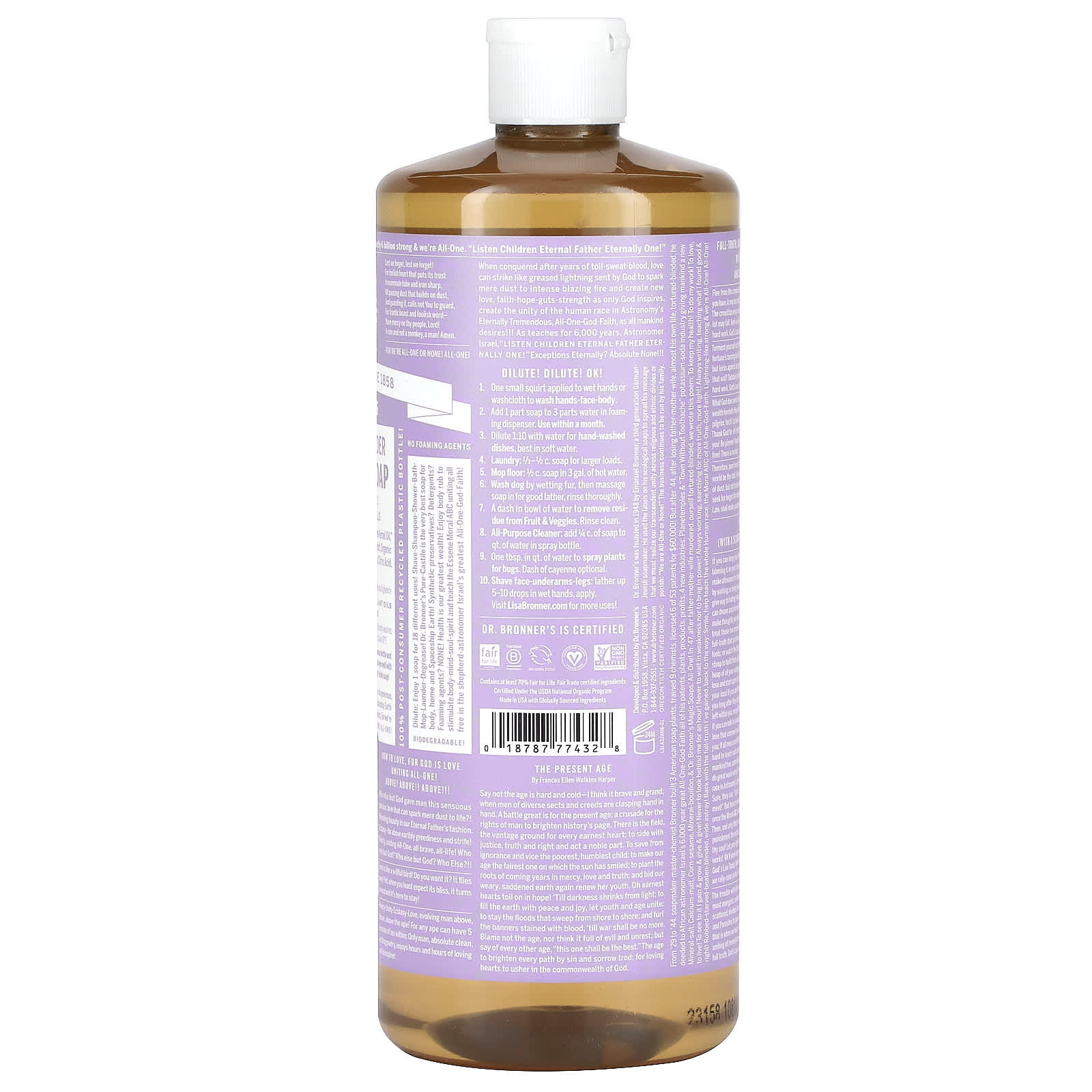 Dr. Bronner's, 18-in-1 Hemp Pure-Castile Soap, Lavender, 32 fl oz (946 ml)