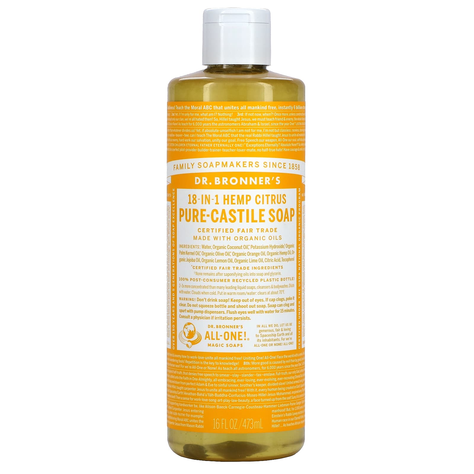 Dr. Bronner's, 18in1 Hemp, PureCastile Soap, Citrus, 16 fl oz ( 473 ml)