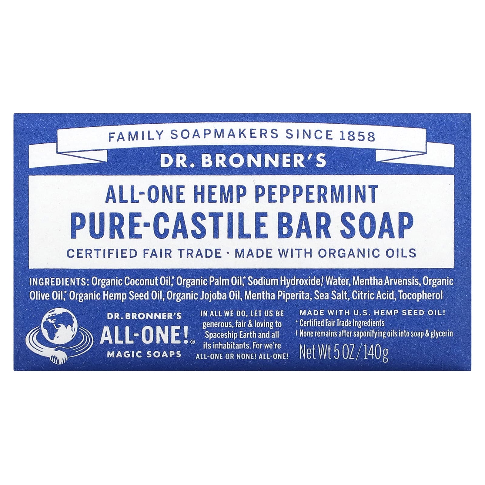 Dr. Bronner's, Pure Castile Bar Soap, AllOne Hemp, Peppermint, 5 oz