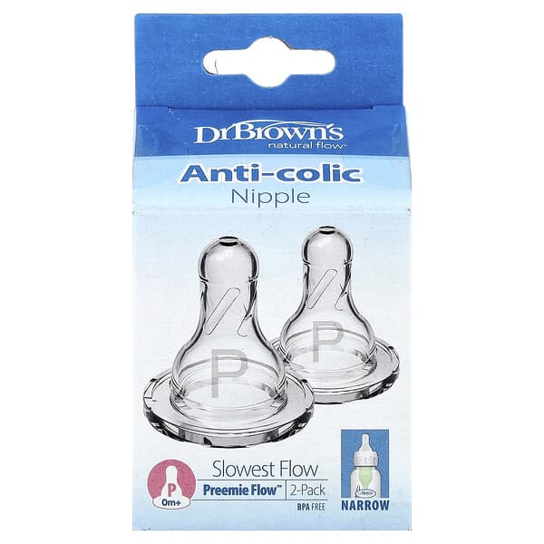 Dr. Brown's, Natural Flow®，Preemie Flow™，防脹氣奶嘴，0 個月以上，極慢流速，2 個