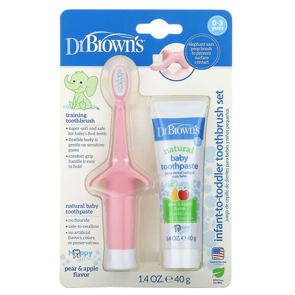 Dr. Brown's, 乳幼児用歯ブラシセット、0～3歳用、ナシ＆リンゴ、ピンク、40g（1.4オンス）