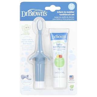 Dr. Brown's, Set de cepillos de dientes para bebés y niños pequeños, 0-3 años, Azul, Sabor a pera y manzana reales, Set de 2 piezas