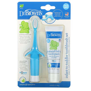 Dr. Brown's, Conjunto de Escovas de Dentes de Bebês para Crianças Pequenas, 0-3 Anos, Sabor Azul, Sabor de Pera e Maçã, Conjunto de 2 Peças
