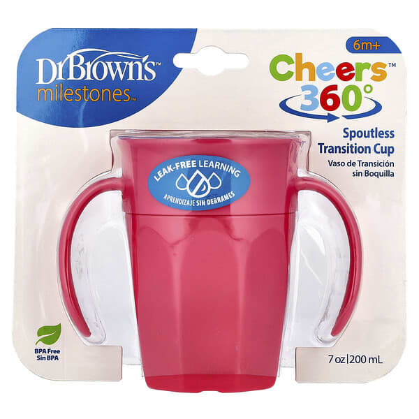 Dr. Brown's, Milestones™, Cheers360™, Vaso de transición sin boquilla, 6 meses en adelante, Rosa, 200 ml (7 oz)