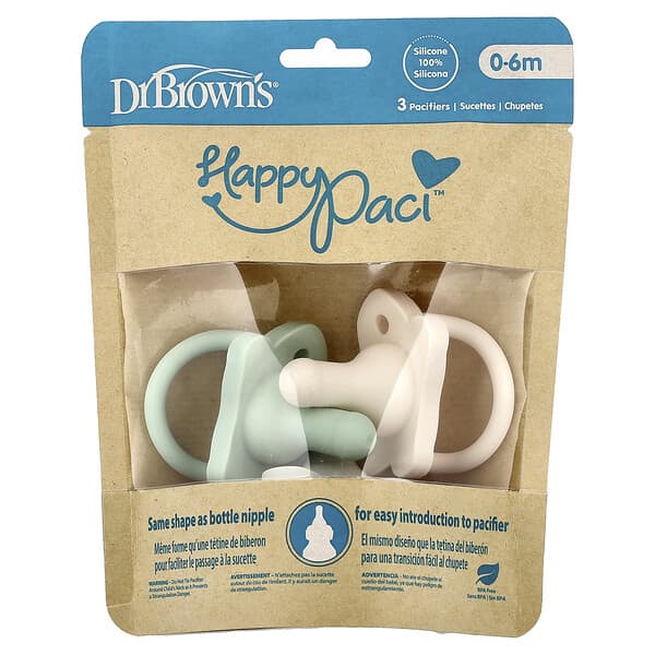 Dr. Brown's, HappyPaci™ 安撫奶嘴，0-6 個月，綠色、灰色和米色，3 個