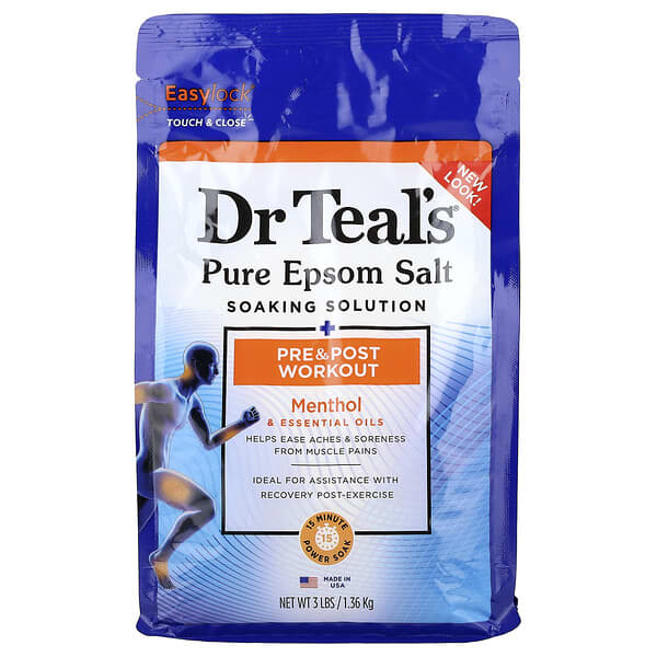 Dr. Teal's, Solución de remojo con sal pura de Epsom, Antes y después del entrenamiento, Mentol y aceites esenciales, 1,36 kg (3 lb)