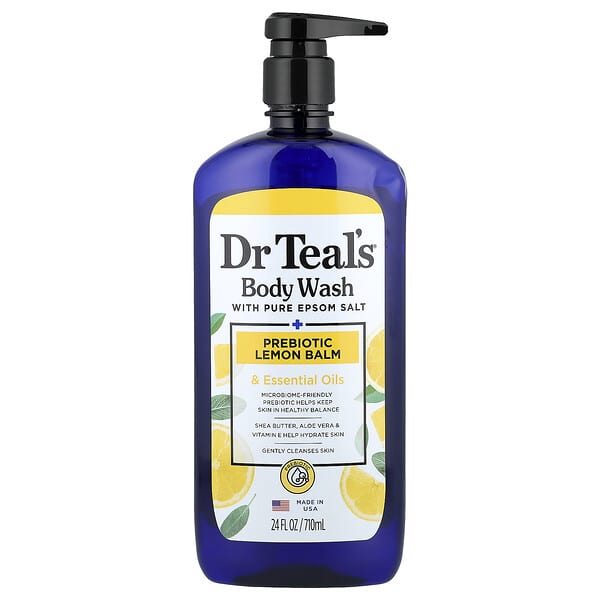 Dr. Teal's, 순수 엡솜 솔트 함유 바디 워시, 프리바이오틱 레몬밤 및 에센셜 오일, 710ml(24fl oz)