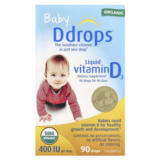 Ddrops, Bebés, Vitamina D3 líquida orgánica, Bebés, 400 UI, 90 gotas, 2,5 ml (0,08 oz. líq.)