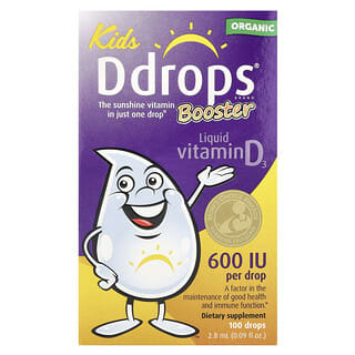 Ddrops, Kids, Booster, Organic Liquid Vitamin D3, 600 IU, 0.09 fl oz (2.8 ml)