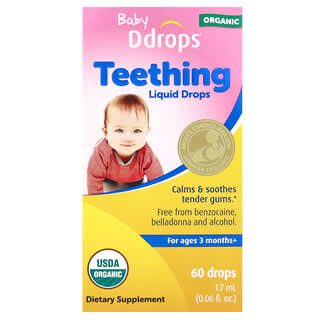 Ddrops, Organic Baby Teething Liquid Drops, flüssige Bio-Kinderkrankheiten-Tropfen, ab 3 Monaten, 60 Tropfen, 1,7 ml (0,06 fl. oz.)