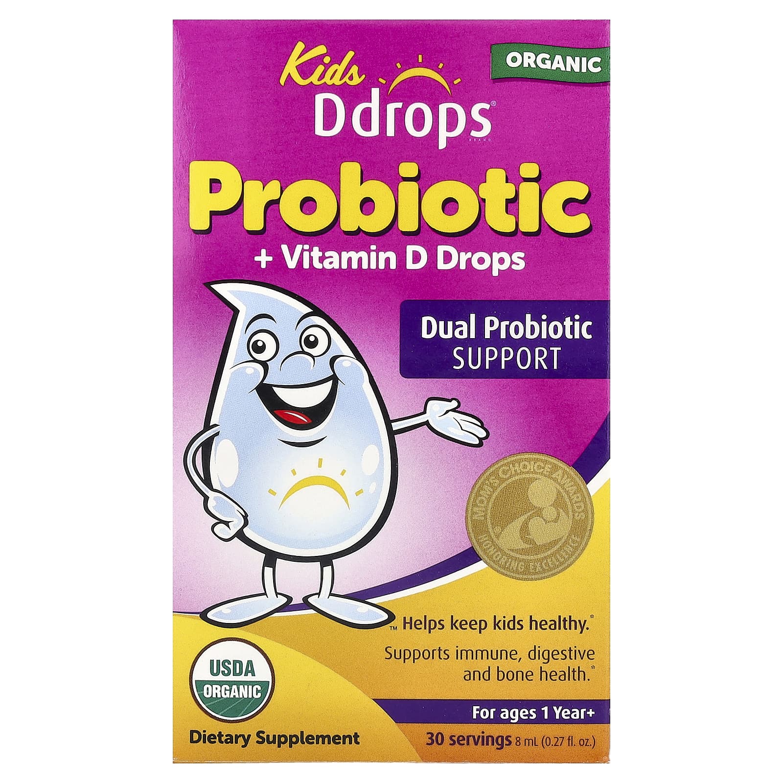 Ddrops, Kids Ddrops , Organic Probiotic + Vitamin D Drops, For Ages 1 year+, 0.27 fl oz (8 ml)