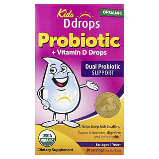 Kids Ddrops®, picături cu probiotic organic și vitamina D, pentru vârste de la 1 an și peste, 8 ml (0,27 fl oz)