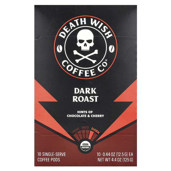 Death Wish Coffee, กาแฟพ็อดส์แบบหน่วยบริโภคเดียว คั่วเข้ม บรรจุ 10ฝัก ขนาดซองละ 0.44 ออนซ์ (12.5 ก.)