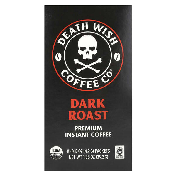 Death Wish Coffee, กาแฟสำเร็จรูประดับพรีเมียม รสดาร์กโรสท์ บรรจุ 8 ซอง ขนาดซองละ 0.17 ออนซ์ (4.9 ก.)