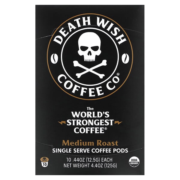 Death Wish Coffee, World's Strongest Coffee（世界一ストロングなコーヒー）、使い切りカプセルコーヒー、ミディアムロースト、10カプセル、各12.5g（44オンス）