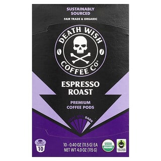 Death Wish Coffee, Порционные кофейные капсулы, обжарка эспрессо, темный, 10 капсул по 11,5 г (0,40 унции)