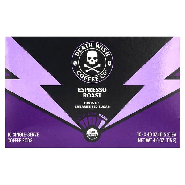 Death Wish Coffee, กาแฟแคปซูลแบบหน่วยบริโภคเดียว คั่วเอสเพรสโซ่ บรรจุ 10 แคปซูล ซองละ 0.4 ออนซ์ (11.