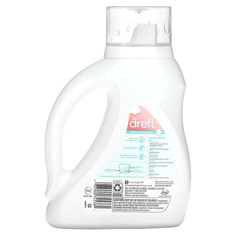  Dreft - Etapa 2: Bebés activos - Detergente líquido natural  para bebés, recién nacidos o niños pequeños (HEC), 50 onzas, 32 cargas (el  embalaje puede variar) : Salud y Hogar